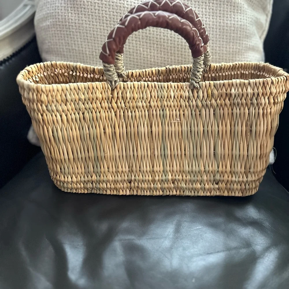 Woven Straw Tote Bag with Brown Handle - Picture 1 of 1